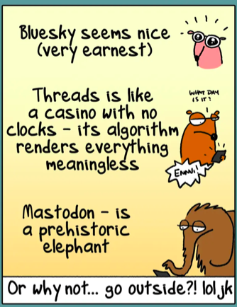 One panel from larger cartoon, listing three alternatives to Twitter/X:

Bluesky seems nice (very earnest)
Threas is a a casino with no clocks - its algorithm renders everything meaningless;
Mastodon - is a prehistoric elephant