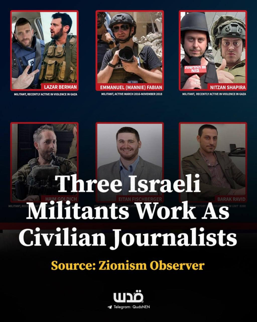 Image showing three individuals identified as former militants now working as journalists, according to Zionism Observer. Names provided: Lazar Berman, Emmanuel Fabian, Nitzan Shapira.