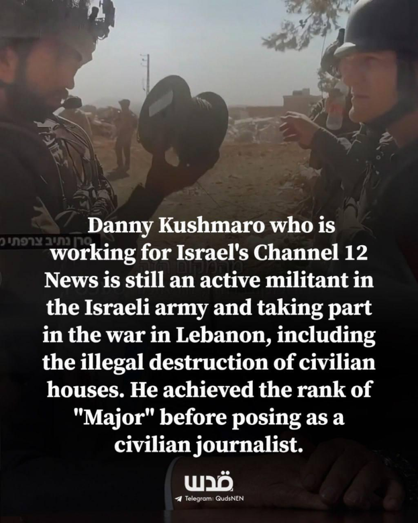 A man identified as Danny Kushmaro, a journalist for Israel's Channel 12 News, is holding a device and speaking with soldiers in a military setting. The background shows other soldiers and military equipment. Text overlays explain his background, mentioning his rank as "Major" and his active role in the Israeli army.