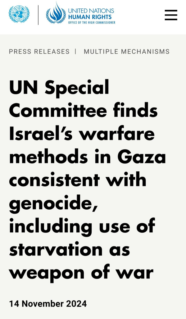 Headline from UN confirming special committee finds Israel's warfare consistent with genocide