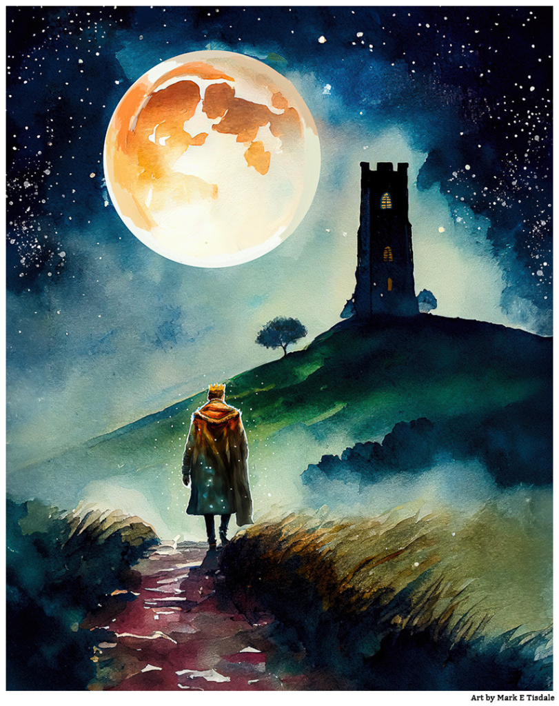 A foggy path with a man in robes and a crown walking along it - in the distance Glastonbury Tor with St. Michael's Tower atop it and a moonlight sky beyond.