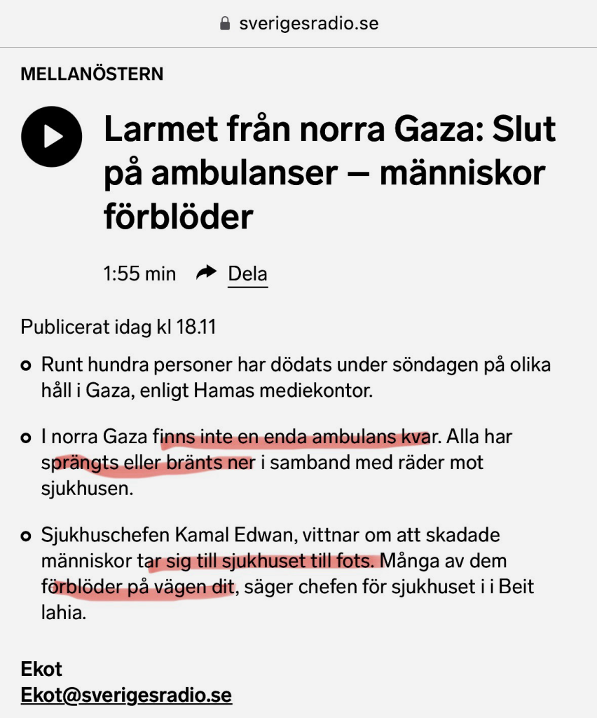 Runt hundra personer har dödats under söndagen på olika håll i Gaza, enligt Hamas mediekontor. • I norra Gaza finns inte en enda ambulans kvar. Alla har sprängts eller bränts ner i samband med räder mot sjukhusen. • Sjukhuschefen Kamal Edwan, vittnar om att skadade människor tar sig till sjukhuset till fots. Många av dem förblöder på vägen dit. 