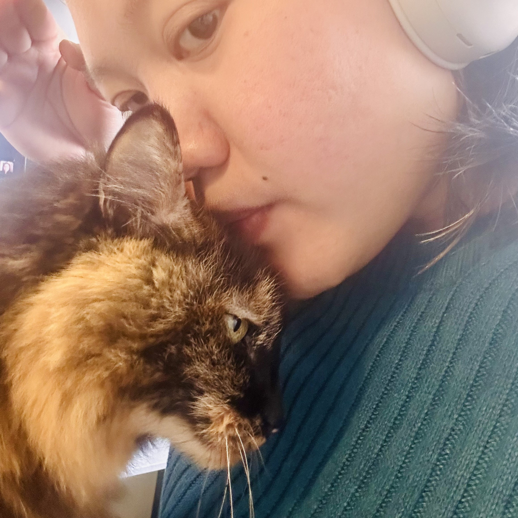 A large tortie rubbing her head on someone’s face 