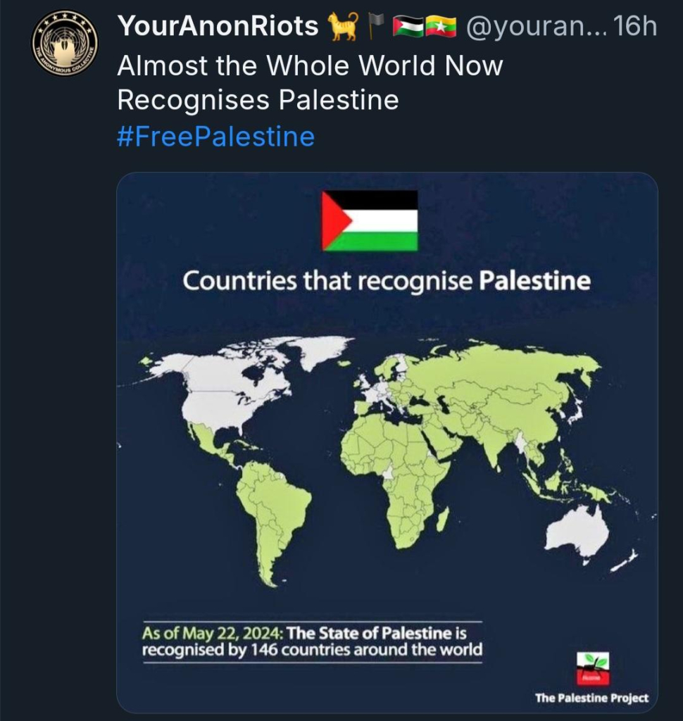 ANONYMOUS COLL

YourAnonRiots

@youran... 16h

Almost the Whole World Now Recognises Palestine

#FreePalestine

Countries that recognise Palestine

As of May 22, 2024: The State of Palestine is recognised by 146 countries around the world

The Palestine Project