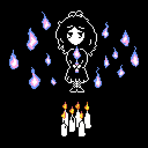 Feminine person holding a trans colored candle, surrounded by trans flames without their candles. She is looking at candles burning with ordinary flame