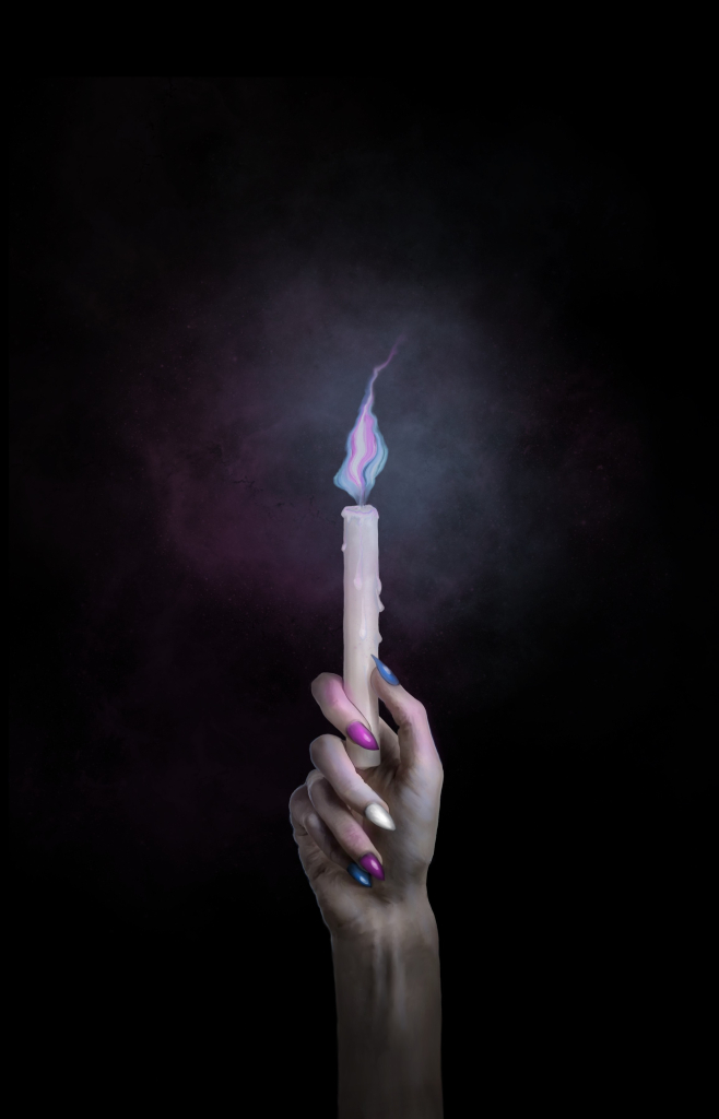 Digital drawing. A hand with a blue, pink, white nail polish manicure holding a lit candle. The Flame is blue, pink and white. The background is black. The light from the flame is blue and pink. The candle is white and melting a little. 