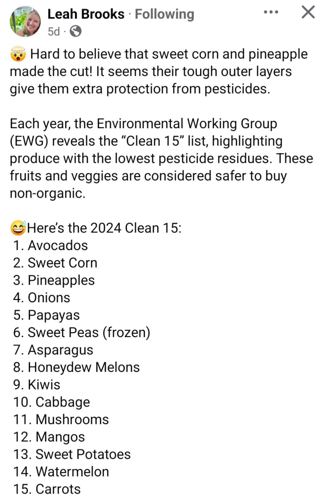 Leah Brooks. Following

5d

Hard to believe that sweet corn and pineapple made the cut! It seems their tough outer layers give them extra protection from pesticides.

Each year, the Environmental Working Group (EWG) reveals the "Clean 15" list, highlighting produce with the lowest pesticide residues. These fruits and veggies are considered safer to buy non-organic.

Here's the 2024 Clean 15:

1. Avocados

2. Sweet Corn

3. Pineapples

4. Onions

5. Papayas

6. Sweet Peas (frozen)

7. Asparagus

8. Honeydew Melons

9. Kiwis

10. Cabbage

11. Mushrooms

12. Mangos

13. Sweet Potatoes

14. Watermelon

15. Carrots

...