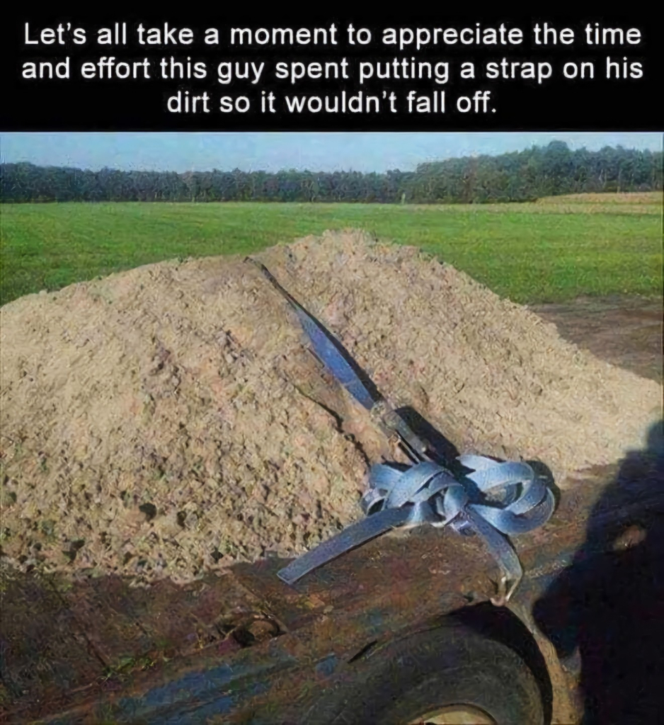 Photo of a flat bed with a big pile of dirt that has a strap "holding it down". Caption reads:

Let's all take a moment to appreciate the time and effort this guy spent putting a strap on his dirt so it wouldn't fall off.