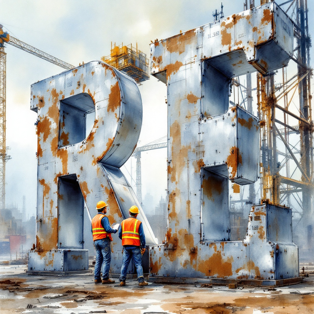 Watercolor illustration of two construction workers in hard hats and reflective vests examining two large, rusted steel letters "R" at a construction site. The background features cranes and steel beams under a hazy sky.