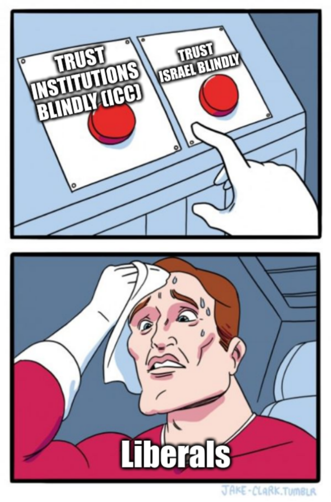 Two Buttons meme template (a comic featuring a character struggling to decide which one of two red buttons labeled with contradicting statements to press).

Button one is labeled with "Trust institutions blindly (ICC)".
Button two is labeled with "Trust Israel blindly".
The character struggling to decide is labeled with "Liberals".