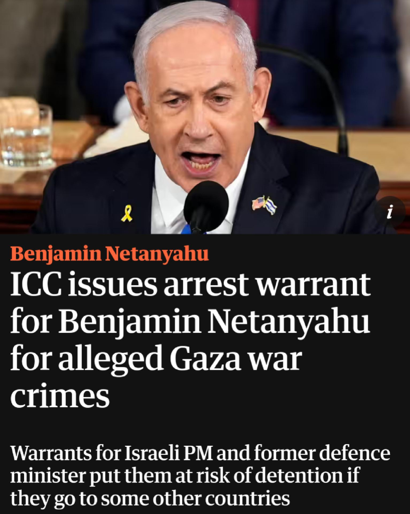 Screenshot of an article with the headline "ICC issues arrest warrant for Benjamin Netanyahu for alleged Gaza war crimes" and the subheading "Warrants for Israeli PM and former defence minister put them at risk of detention if they go to some other countries" 