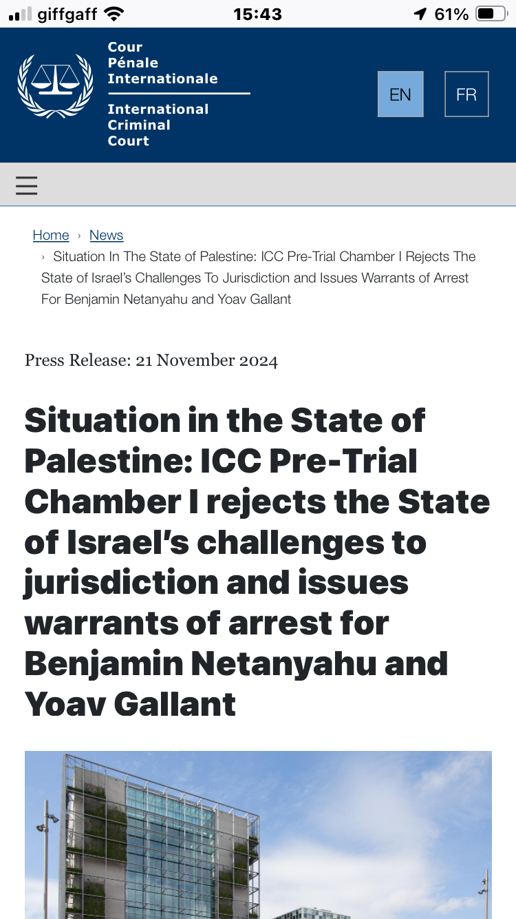 International  Criminal Court Home > News > Situation In The State of Palestine: ICC Pre-Trial Chamber | Rejects The State of Israel's Challenges To Jurisdiction and Issues Warrants of Arrest For Benjamin Netanyahu and Yoav Gallant Press Release: 21 November 2024 Situation in the State of Palestine: ICC Pre-Trial Chamber I rejects the State of Israel's challenges to its jurisdiction and issues warrants of arrest for Benjamin Netanyahu and Yoav Gallant