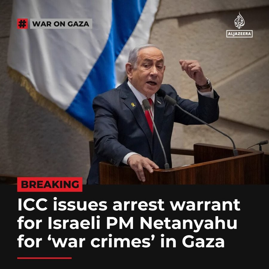 Breaking news image featuring Israeli Prime Minister Benjamin Netanyahu speaking passionately at a podium with a backdrop of the Israeli flag. The text reads: 'ICC issues arrest warrant for Israeli PM Netanyahu for ‘war crimes’ in Gaza.' The Al Jazeera logo is visible in the top-right corner.