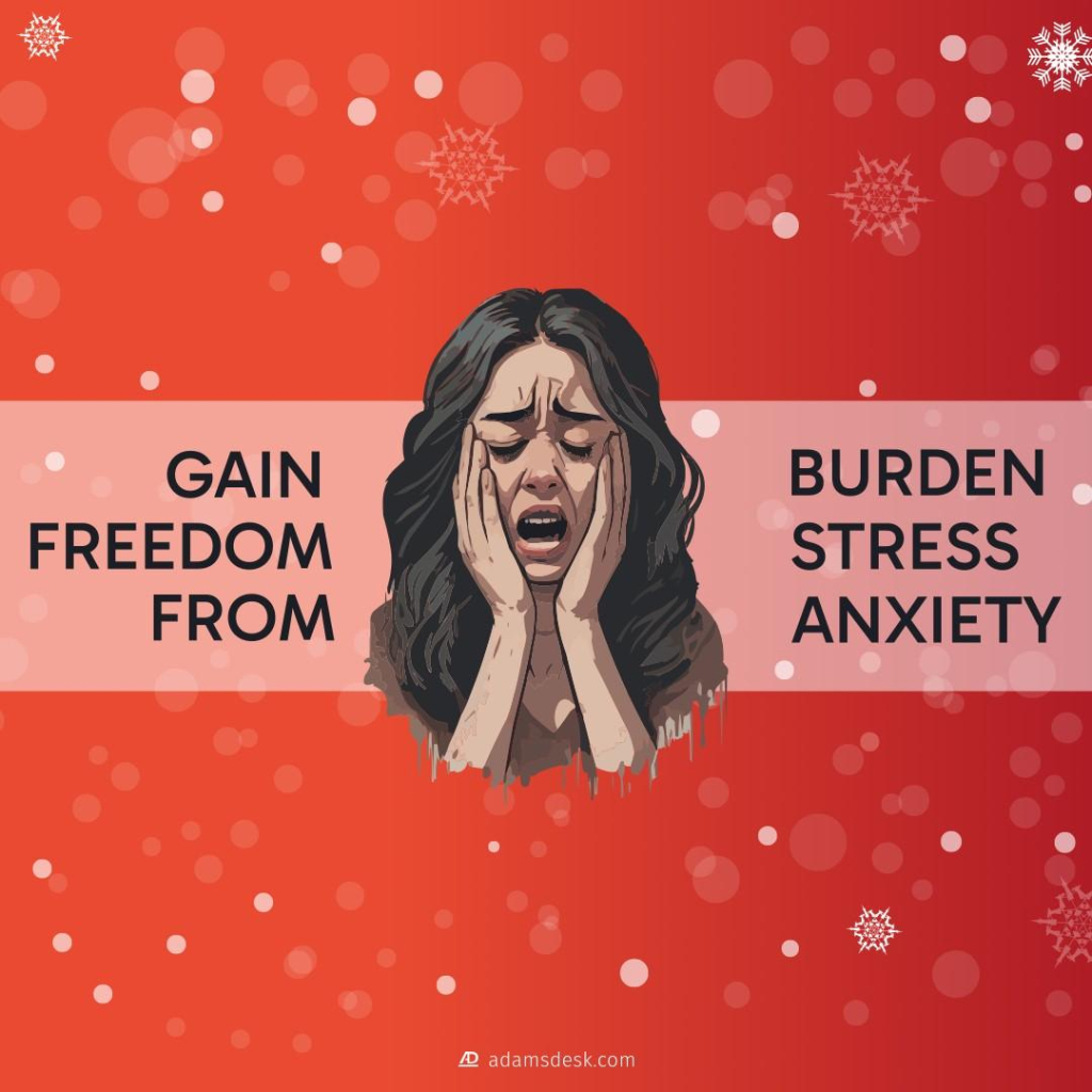 A portrait illustration of a woman with her hands on each cheek while crying out due to stress and anxiety against a gradient orange to red background with small snow flakes falling down. The title next to the woman says, 'Gain Freedom From Burden, Stress and Anxiety'.