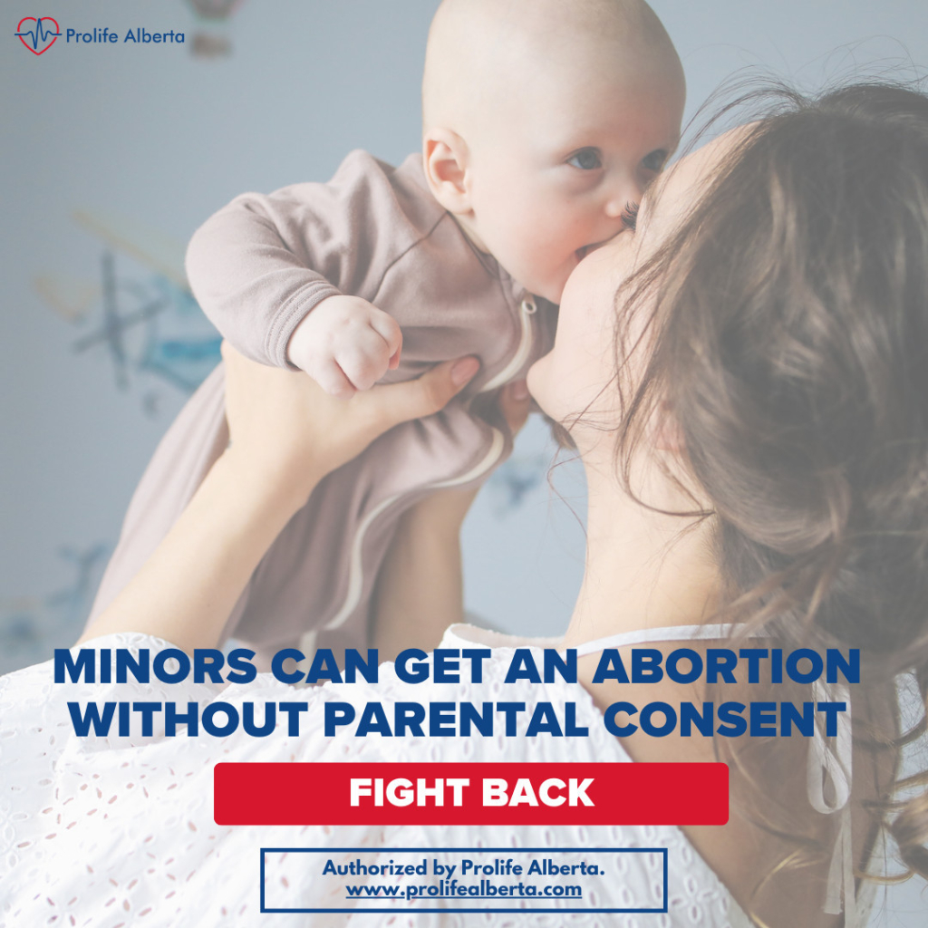 Prolife Alberta

<image shows a softened picture of a mother holding a baby who has her nose in its mouth.>

MINORS CAN GET AN ABORTION WITHOUT PARENTAL CONSENT
FIGHT BACK

Authorized by ProLife Alberta
www.prolifealberta.com