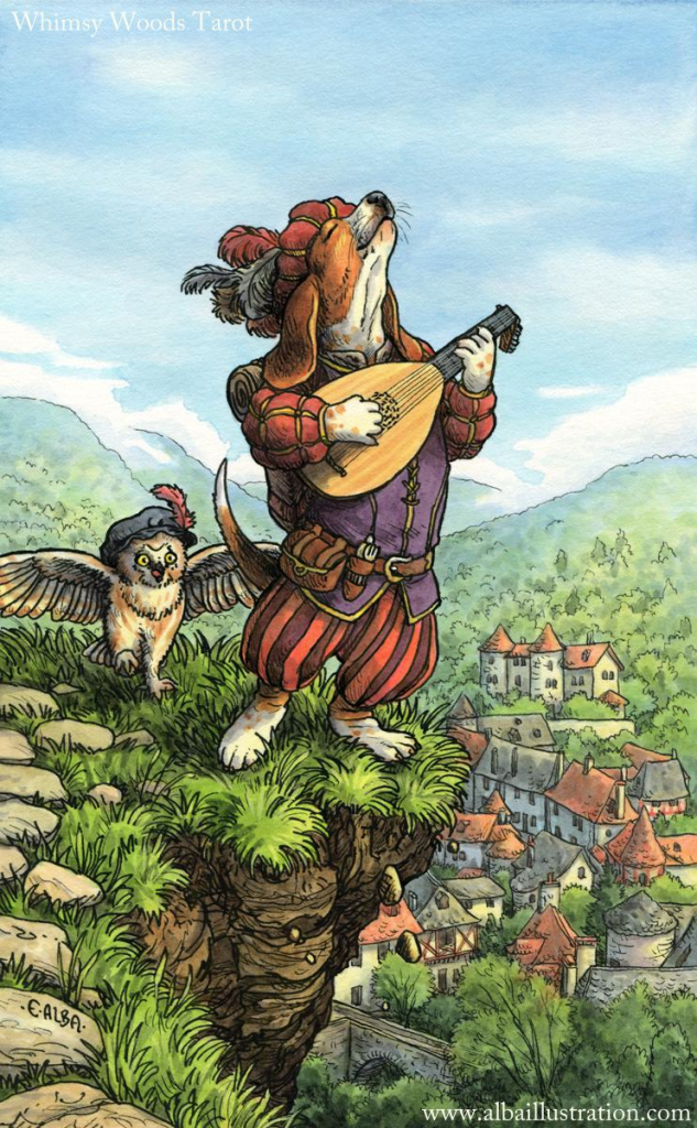 Illustration of a basset hound with a lute singing on a cliff, village below. An owl cries a warning. This is the Fool card from the upcoming Whimsy Woods Tarot deck I am illustrating.