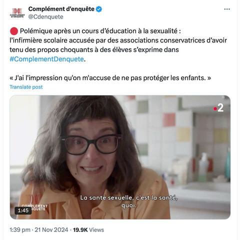 Capture d'écran twitter 

Polémique après un cours d'éducation à la sexualité : l'infirmière scolaire accusée par des associations conservatrices d'avoir tenu des propos choquants à des élèves s'exprime
« J'ai l'impression qu'on m'accuse de ne pas protéger les enfants. »