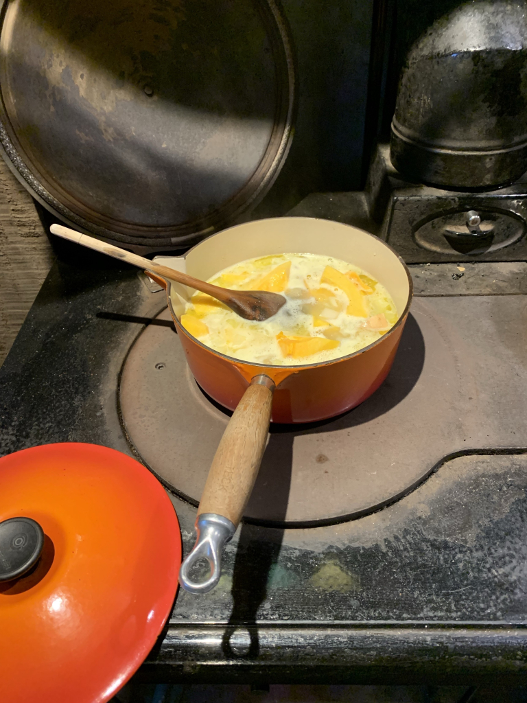 A red pot with a wooden spoon rests on a stovetop, containing a mixture that appears to include chunks of onion and butternut squash simmering gently. The pot's lid is nearby. 