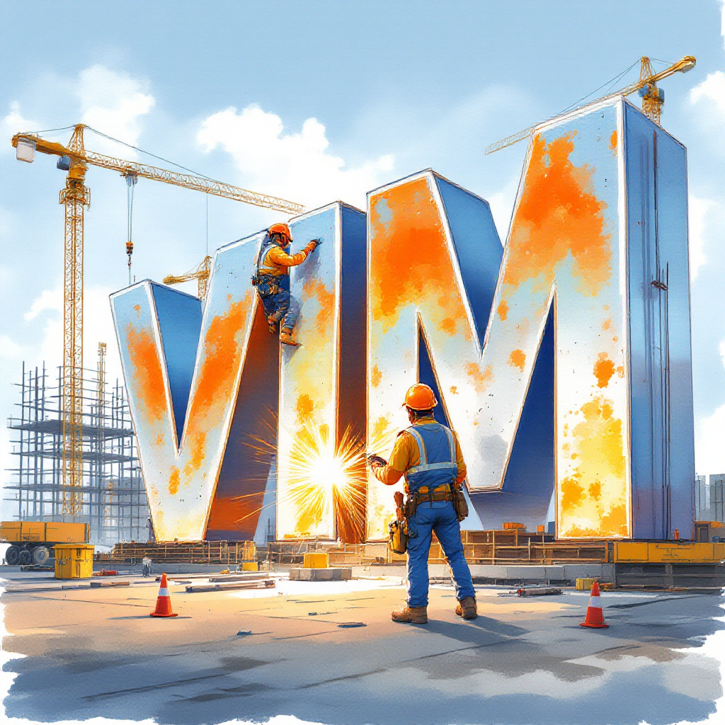 A watercolor illustration of construction workers welding giant steel letters spelling "VIM" at a construction site. The workers are wearing safety gear, and sparks are flying from their welding torches. Cranes and scaffolding are visible in the background, creating a dynamic and industrious atmosphere.