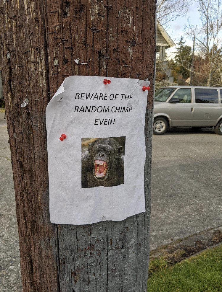 Flyer pinned to telephone pole that says:
Beware of the random chimp event, with a picture of a chimp with its mouth open