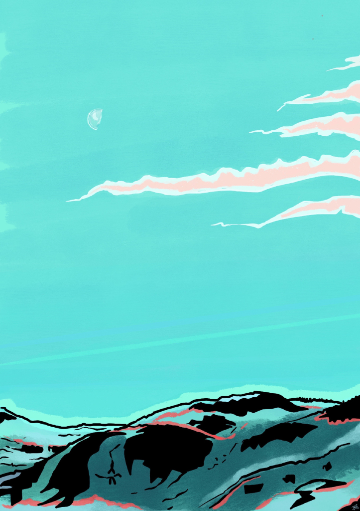 digital ink abstract landscape feature a late morning half-moon presiding over wispy clouds & rugged hilltops. colours are turquoise, pale coral, deep bluish-grey, red & black. 