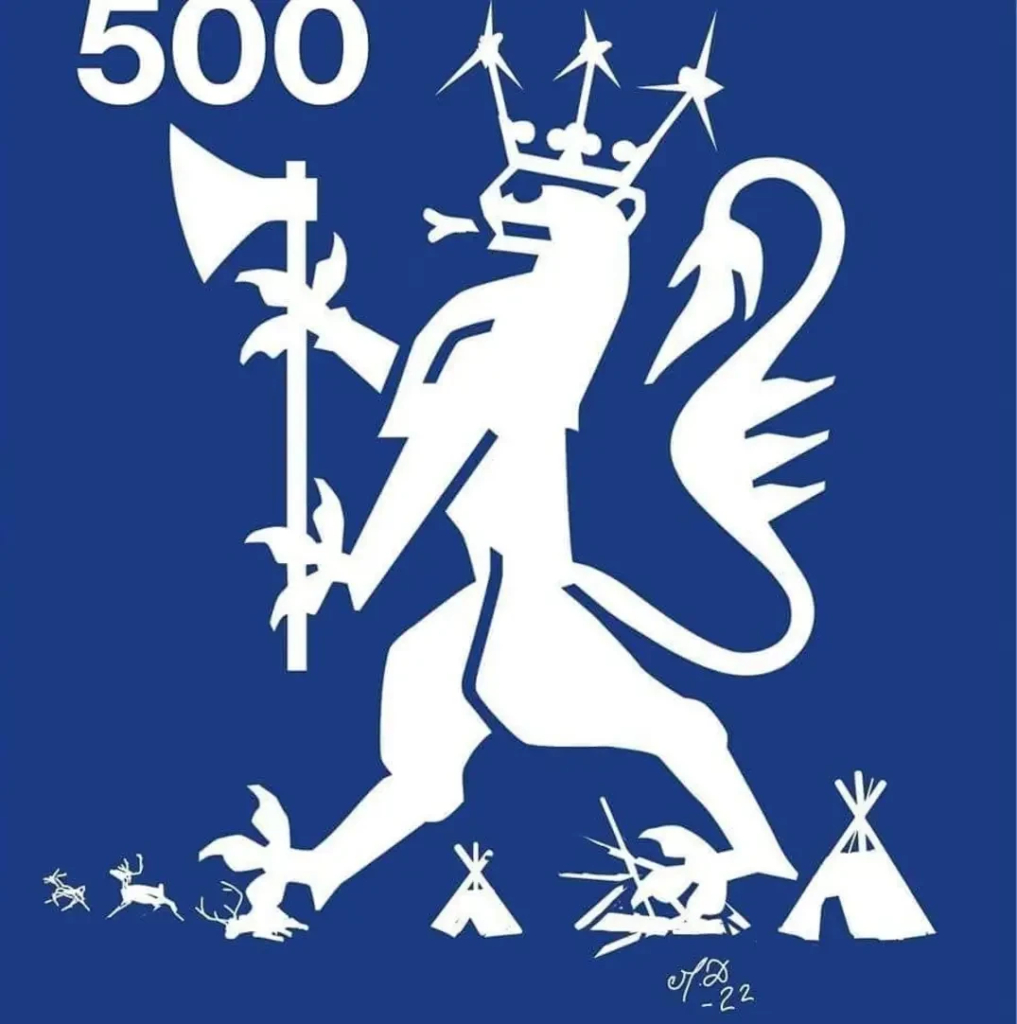 The lion of Norway's coat-of-arms, crowned with wind turbines, destroying a Sámi encampment.