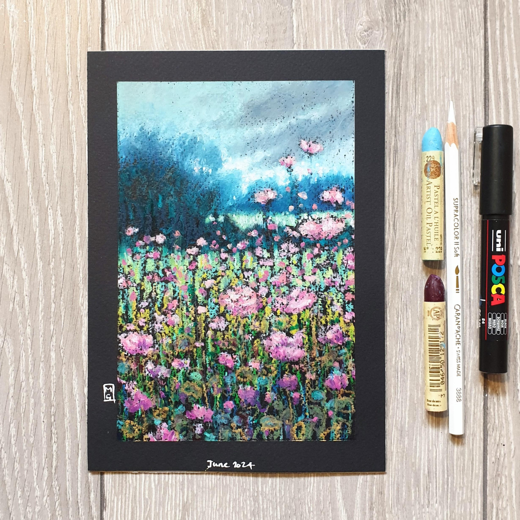 An oil pastel painting of a meadow filled with pink flowers at dawn. There are groups of trees in the distance and morning light just coming over the horizon.
an original art work
Fine art oil pastel on toned pastel paper
Size A5 (21cm x 14.5cm)
Sold unframed