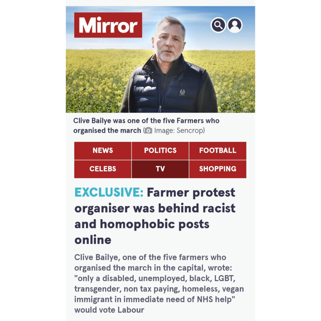 Screenshot of Mirror article with headline:-

"Farmer protest organiser was behind racist and homophobic posts online."