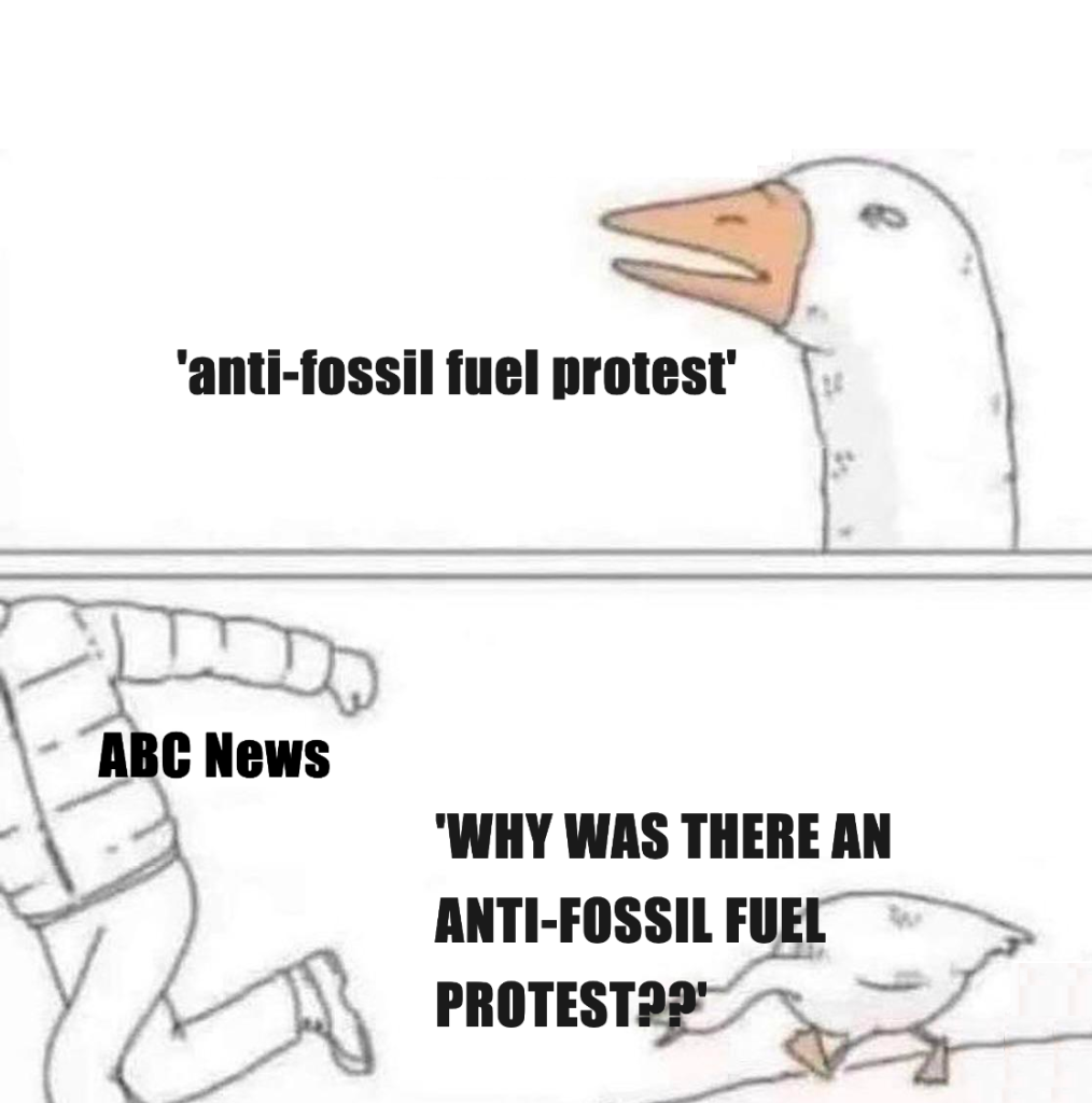 Goose chasing an ABC News reporter asking 'Why was there an anti-fossil fuel protest'?