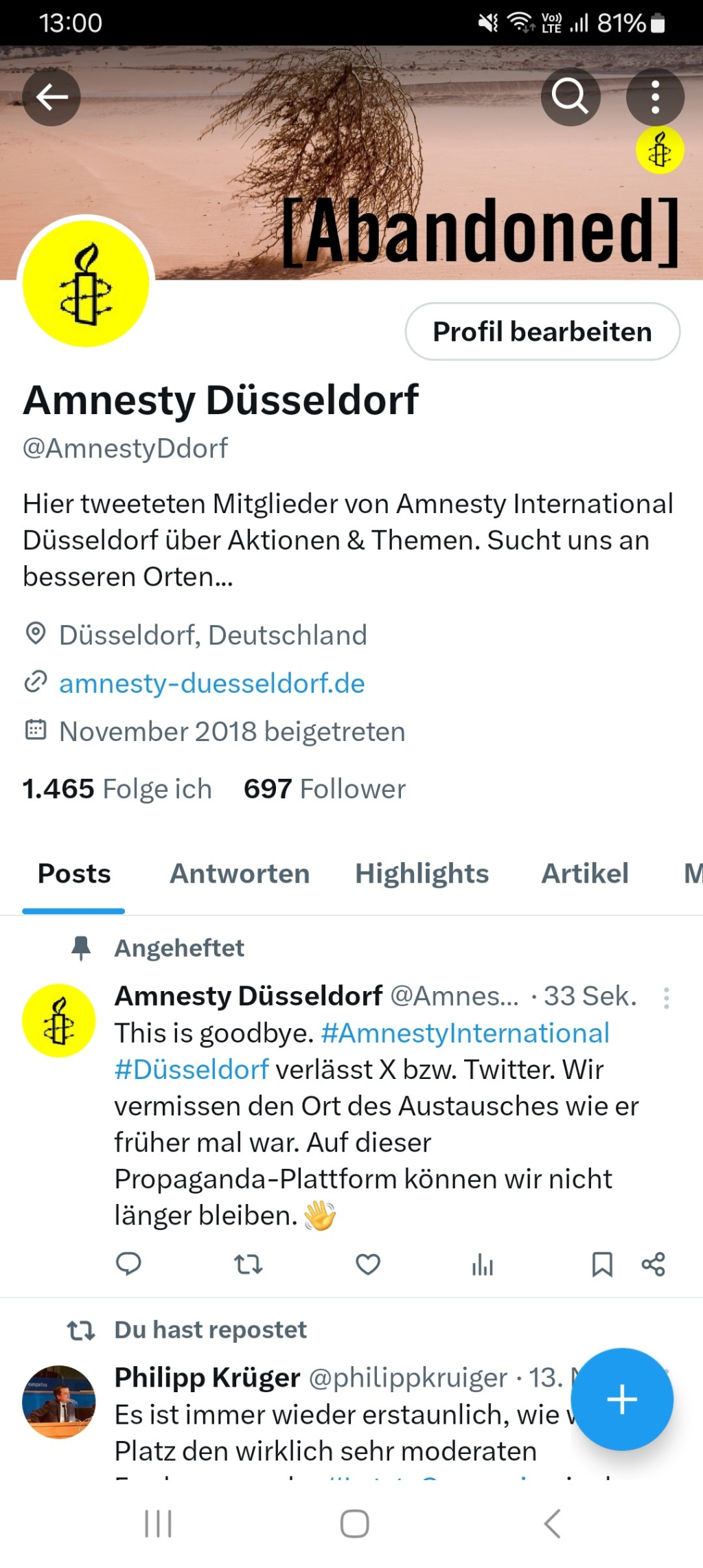 Screenshot des verlassenen Amnesty International Düsseldorf-Account auf X