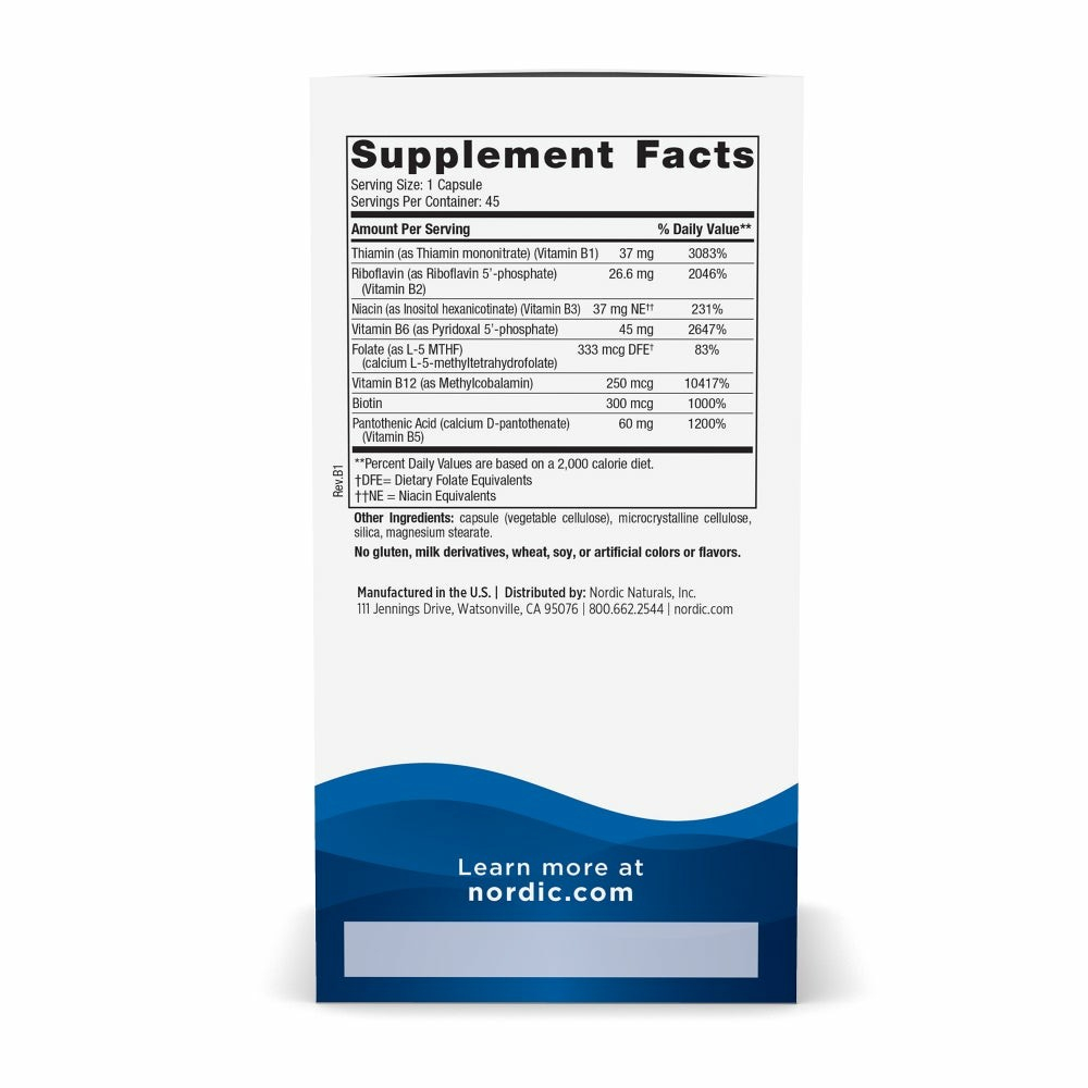 Supplement facts on the back of the box.

Thiamin (as Thiamin mononitrate) (Vitamin B1) 3083%
Riboflavin (as Riboflavin 5'-phosphate)
(Vitamin B2) 2046%
Niacin (as Inositol hexanicotinate) (Vitamin B3) 231%
Vitamin B6 (as Pyridoxal 5'-phosphate) 2647%
Folate (as L-5 MTHF)
(calcium L-5-methyltetrahydrofolate) 83%
Vitamin B12 (as Methylcobalamin) 10417%
Biotin 1000%
Panthen Sid (calcium D-pantothenate) 1200%