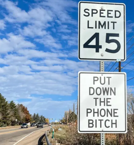 a stretch of two-lane road with shoulders but no sidewalks, narrowing at a guardrail, posted 45mph, sign below says "Put down the phone bitch"