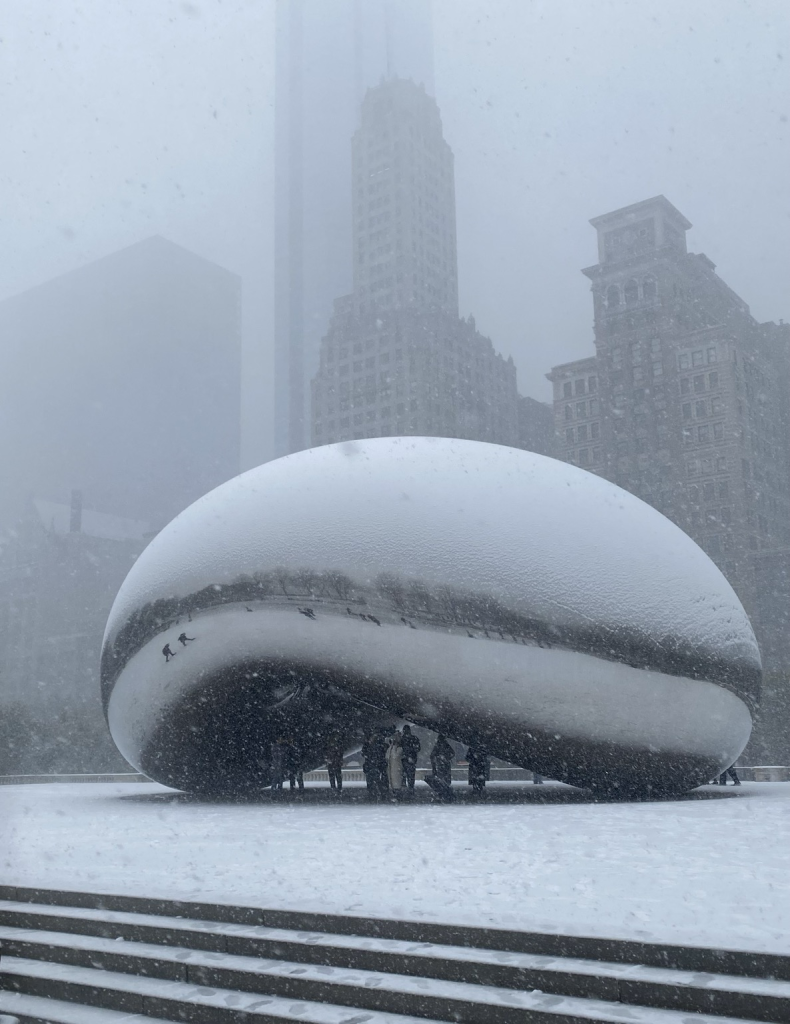 A photo of “cloud Gate” commonly known as “the bean” in Millennium Park in Chicago. It is snowing heavily and very foggy/cloudy. The photo looks like it is in black and white, but it’s a color shot.  