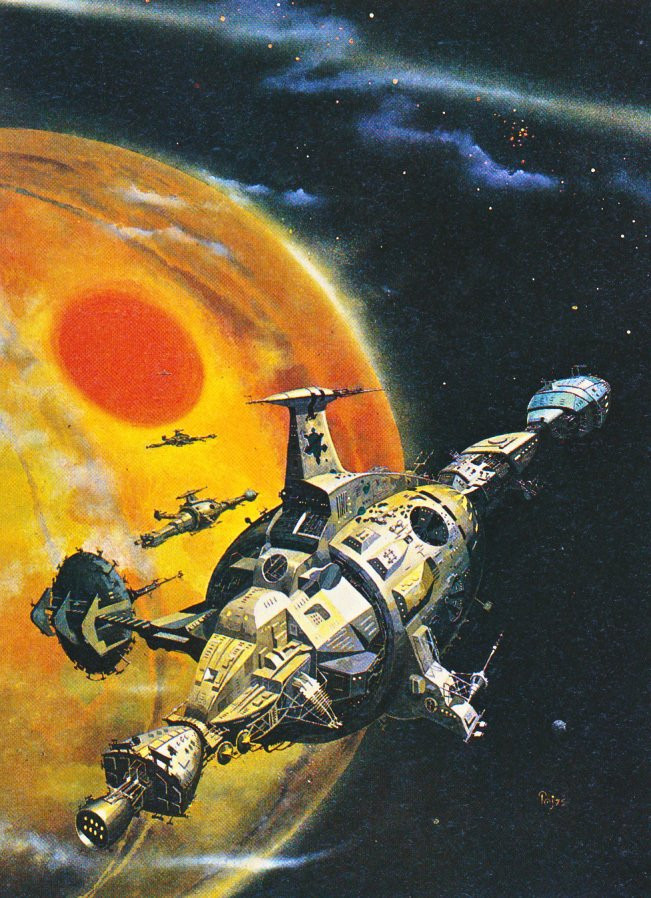 A massive, intricately crafted spaceship, is the focal point of the image. Two smaller ships trail closely behind, looking minuscule next to the main vessel. In the background, a gigantic, swirling planet in hues of orange and yellow, contributes to the sense of scale and grandeur. The vast emptiness of space is emphasized by the scattered distant stars in the backdrop.