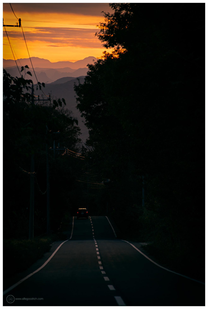 A vertical format photograph made in Akagi, Gunma, Japan in November of 2019. I'm standing on a road, looking west towards the mountains on the other side of the valley, which you can see in the top of the frame. The road undulates down the hill until about the middle of the photo. Where there's a car in the left lane, heading down the hill. It's tail lights are on. The trees that border the road form an area of deepp shadow. The last light of the day only illuminating the centre-line and lines at the edges of the road. The mountains in the background are layered into the distance, in various hues of orange. A line of telegraph poles runs down the left side of the road. 