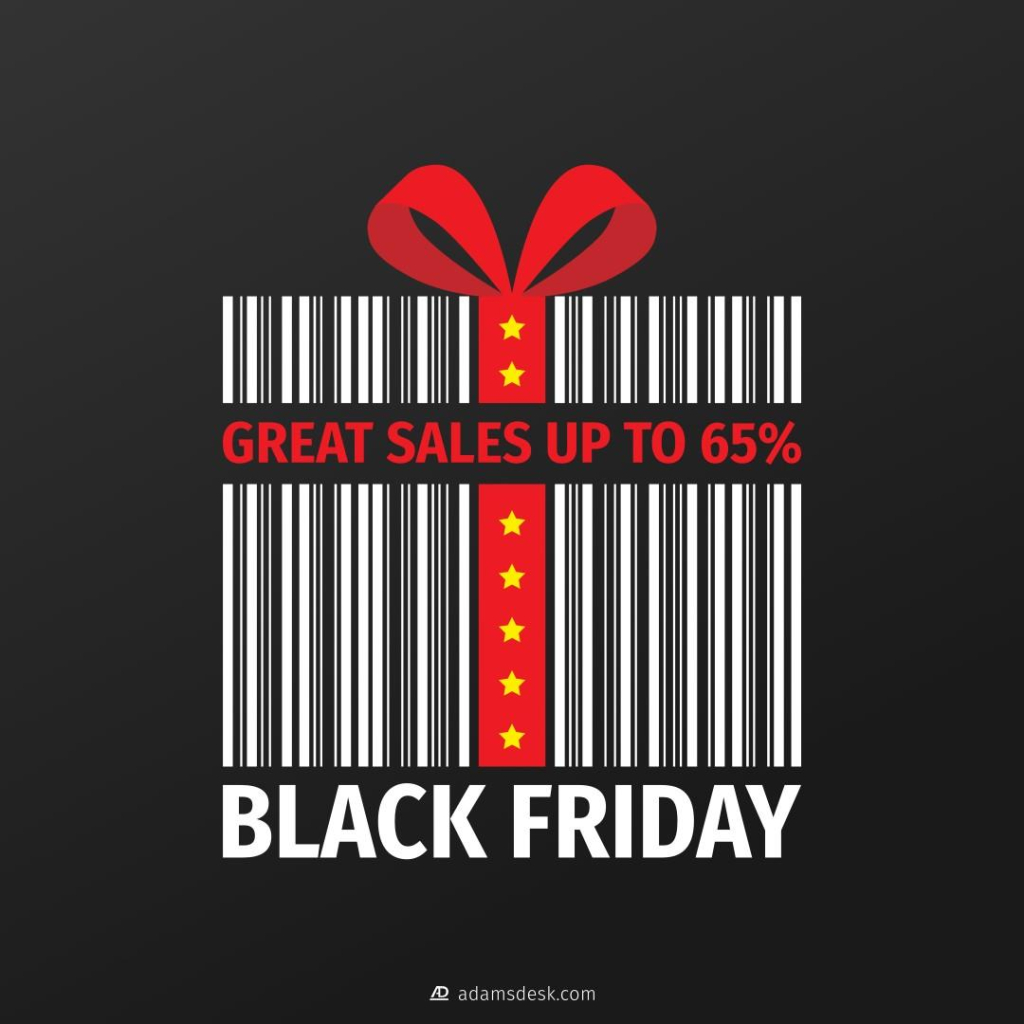 A large barcode in the shape of a gift box sits in the middle of a black background. The gift box has a big red ribbon in the middle and a bow on top. Part way down the barcode a break opens up with text that reads, Great sales up to 65%. At the bottom of the gift box it reads in bold text, Black Friday.