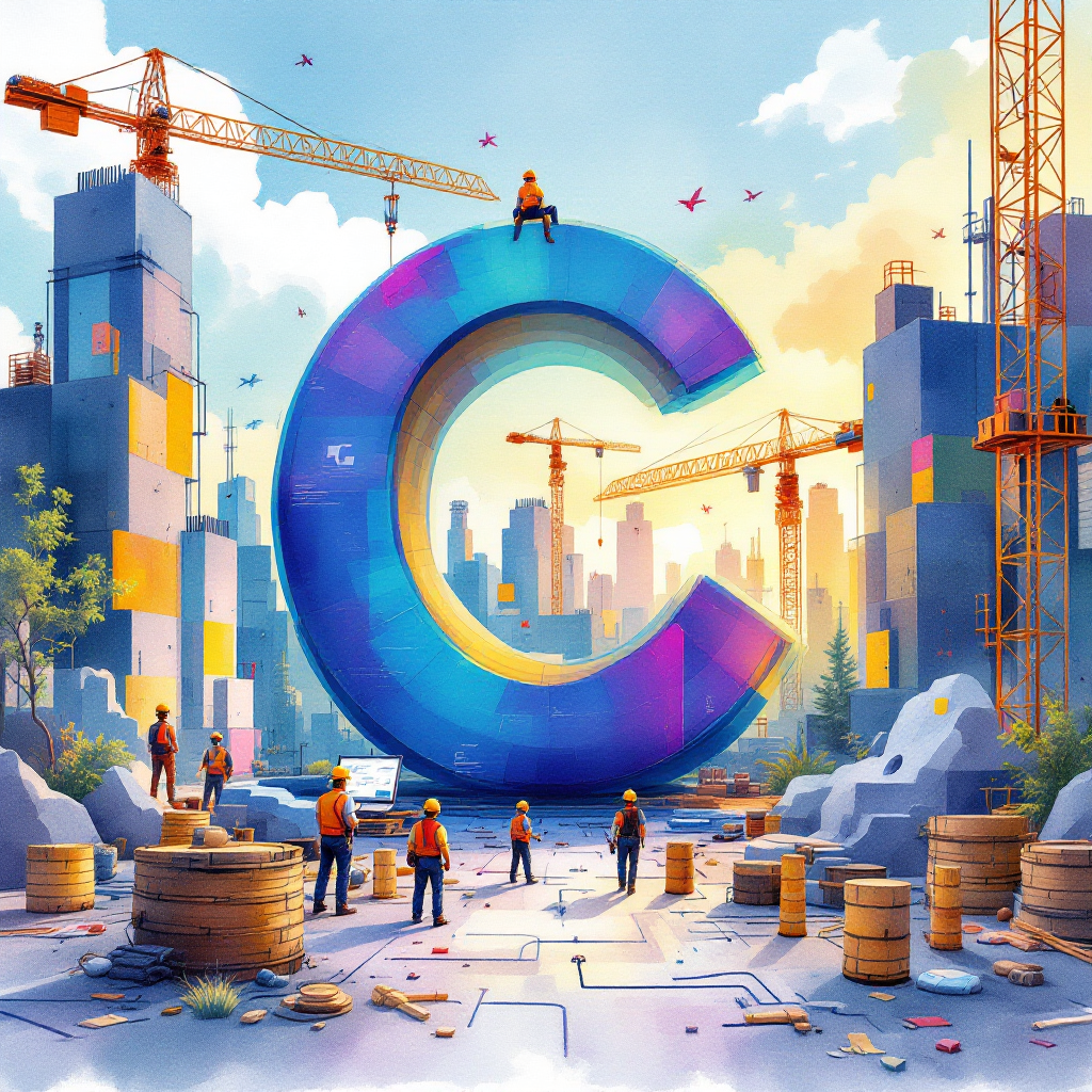 "A vibrant 8K watercolor illustration of a bustling construction site featuring a giant, colorful 'C' structure at the center. Construction workers in hard hats and safety vests are actively working around the area, with wooden materials and tools scattered on the ground. Towering cranes and partially constructed buildings with scaffolding are visible in the background under a bright blue sky with fluffy white clouds."