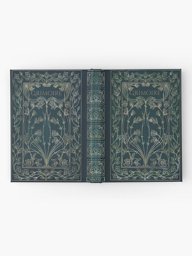 The front, spine and back cover of an emerald green garden Grimoire has a plant design in white and gold line drawings. The title is Grimoire in fancy ornate font on the back and the front. 