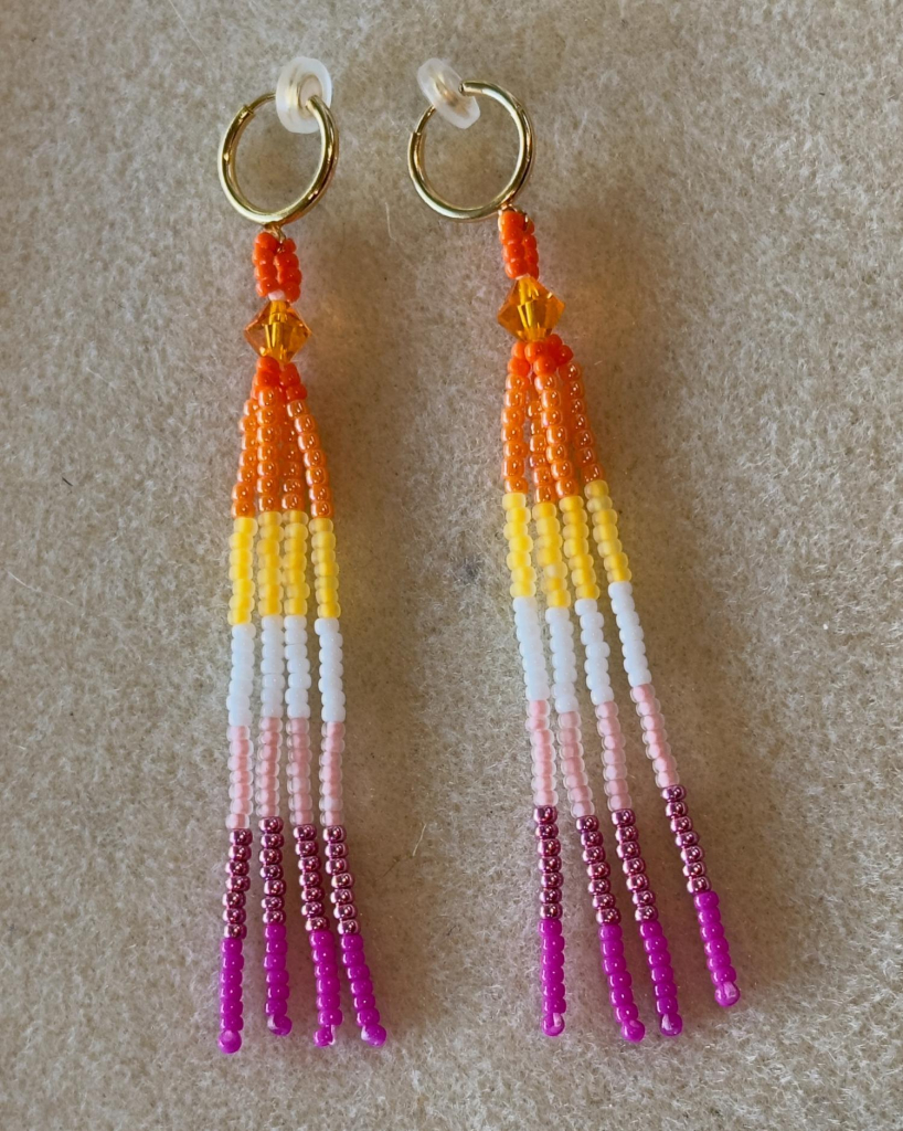 Custom beaded lesbian pride dangle earrings with gold clip on hoop findings