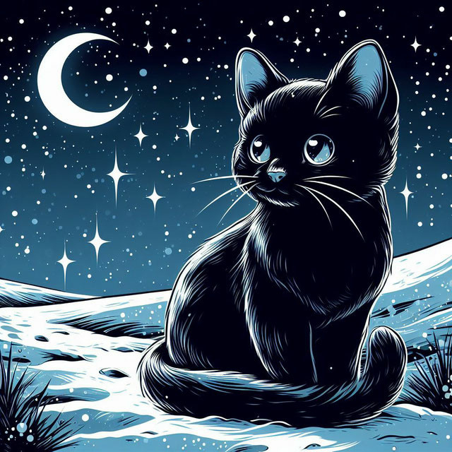 KI Bild. Eine schwarze, sehr niedliche Katze sitzt in einer Schneelandschaft vor einem Nachthimmel mit Halbmond und vielen Sternen. Das gesamte Bild ist in blau-schwarz-weiß Tönen gehalten und im Comic-Style.

 

