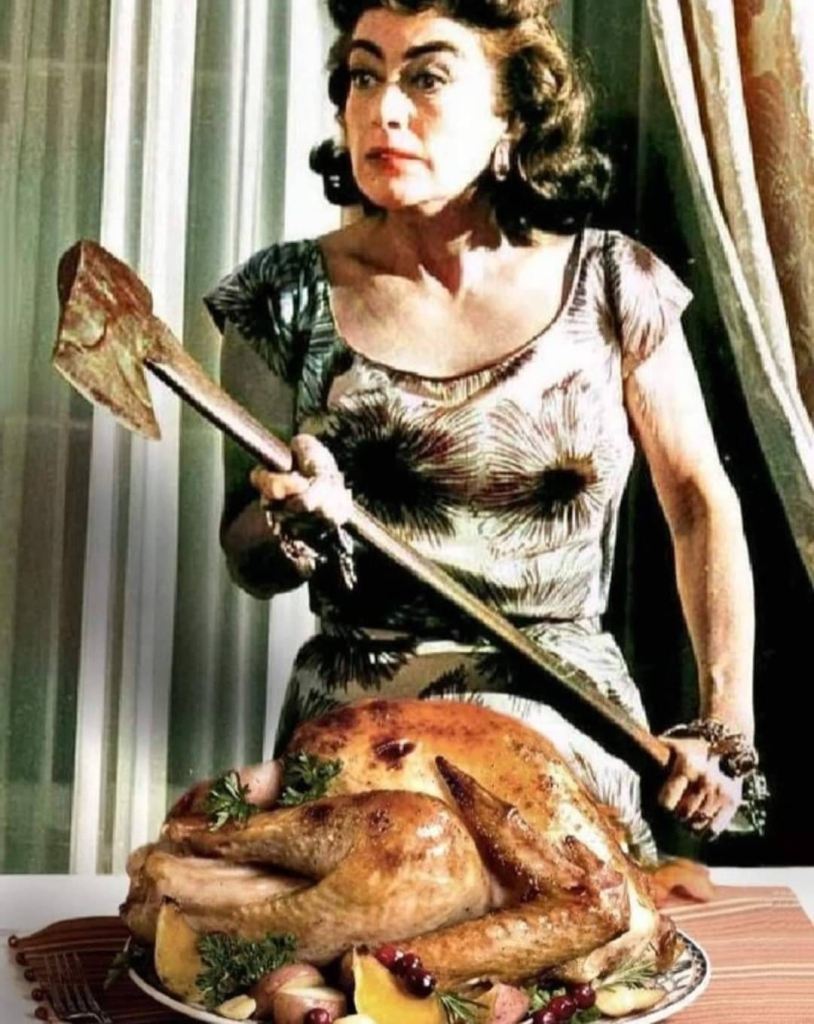 vintage 50s0style art of woman in ugly dress holding a rusty axe over a roasted turkey