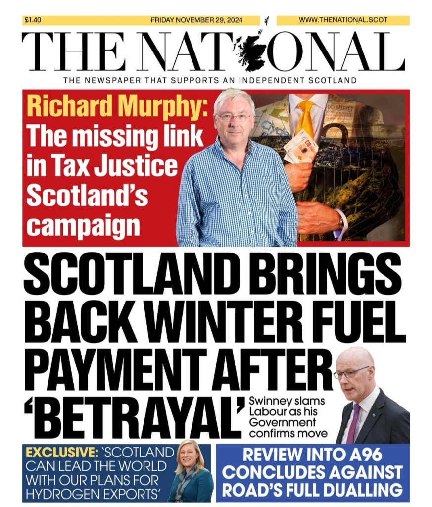 "SCOTLAND BRINGS BACK WINTER FUEL PAYMENT AFTER [LABOUR] 'BETRAYAL'." 

Front page of 29 November edition of The National (the only newspaper published in #Scotland that supports #ScottishIndependence).

The #SNP Scottish Government continues to mitigate UK "LABOUR" AUSTERITY, a continuation of Tory austerity "Labour" stated would be eliminated if they were elected.

They lied.