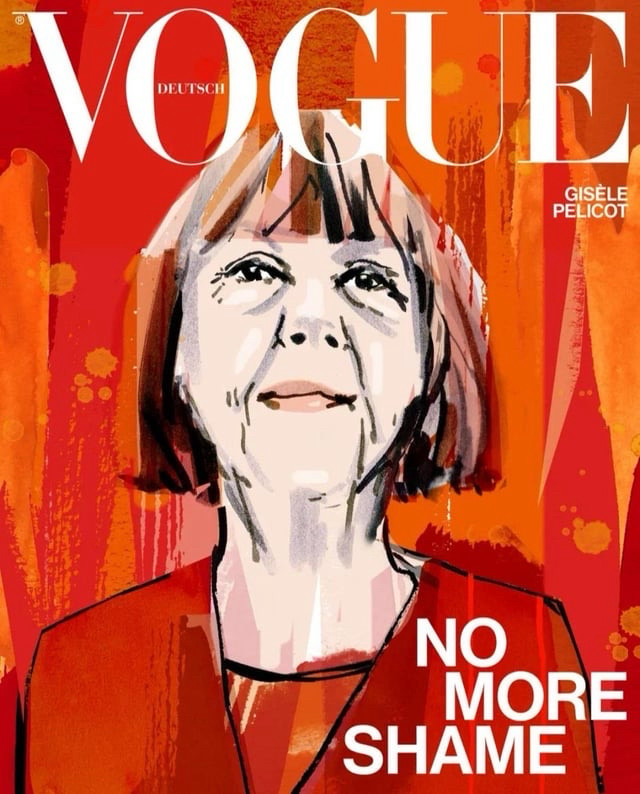 Illustration of Gisele Pelicot in red and orange on the cover of German vogue. White text reads “no more shame”