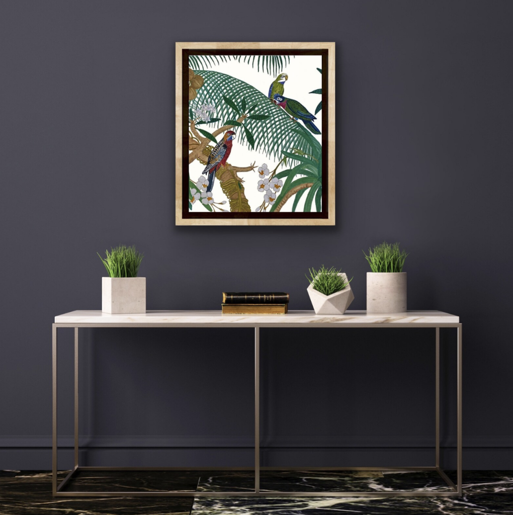 Immerse yourself in the vibrant beauty of a tropical jungle painting, where colorful birds flutter amidst lush greenery. This breathtaking artwork captures the essence of exotic wildlife and tropical rainforests, offering a stunning centerpiece for nature lovers and art enthusiasts alike.

Three colorful birds sit on tropical plants. Two on a large palm frond and one on a plumeria tree. Hanging coconuts anchor the upper left canvas while orchids fill in the foreground. The birds and plants are located on the canvas in such a way that the eyes naturally flow through the painting.