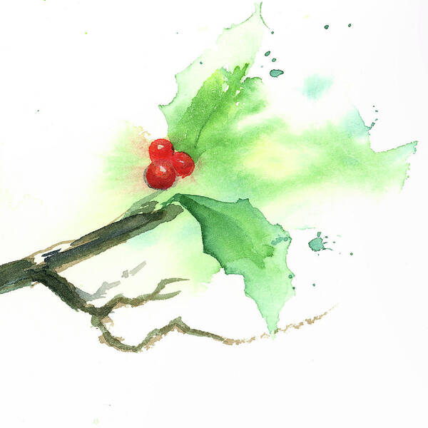 Green holly with red winter berries is a watercolour painting in square format painted by the artist Karen Kaspar. It shows a branch of a holly tree with green leaves and bright red berries. The painting is painted in a loose fresh style.
The holly is also called winter berry or Christmas thorn. The branches with the red fruits are often used as Christmas decorations.