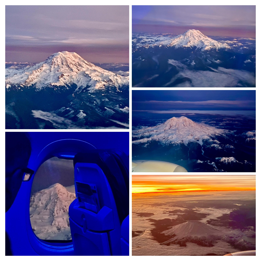 Aerial view of Tahoma and Mount Saint Helens after sunset in a Collage. 