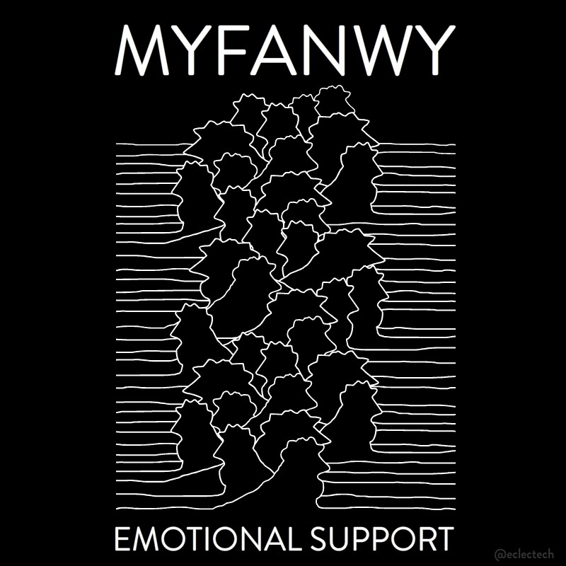 A square image, white on black, a pastiche of the Joy Division Unknown Pleasures album cover (a stacked plot of the radio emissions given out by a pulsar). In place of the band name this one says MYFANWY, and the album title is EMOTIONAL SUPPORT. The stacked design is a similar line with raised area, but the raised area is the shape of Myfanwy the knitted emotional support chicken in profile, some looking left, some right. 