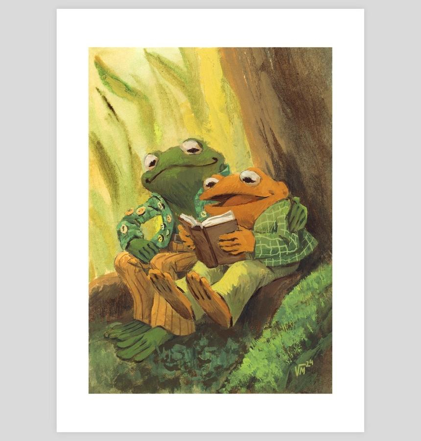 Print of a Frog and Toad painting by Victoria Maderna. The two characters sit on the root of a tree, Toad reads a book.