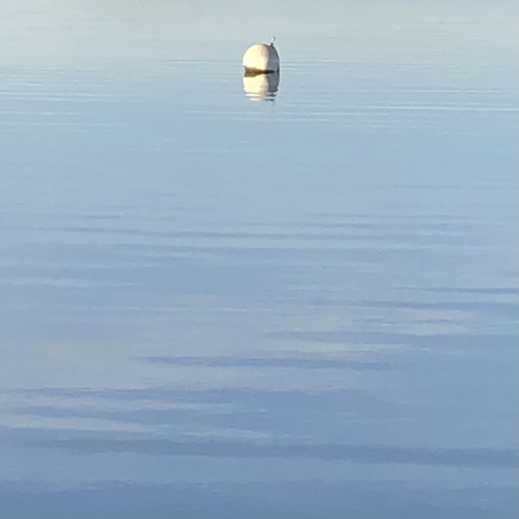 Bildausschnitt, eine kleine weiße Boje im hellblauen Wasser das leichte verschieden gefärbte Wellenstrukturen hat, hell-dunkel etwas rosa, e