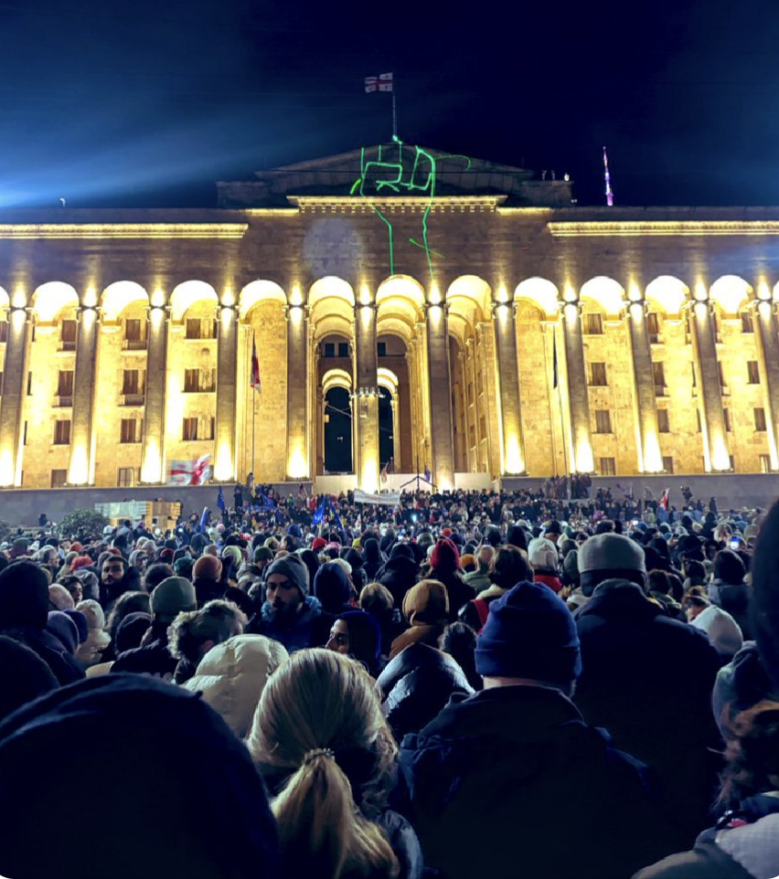 Huge crowds of demonstrators outside parliament in Tbilisi, Georgia.